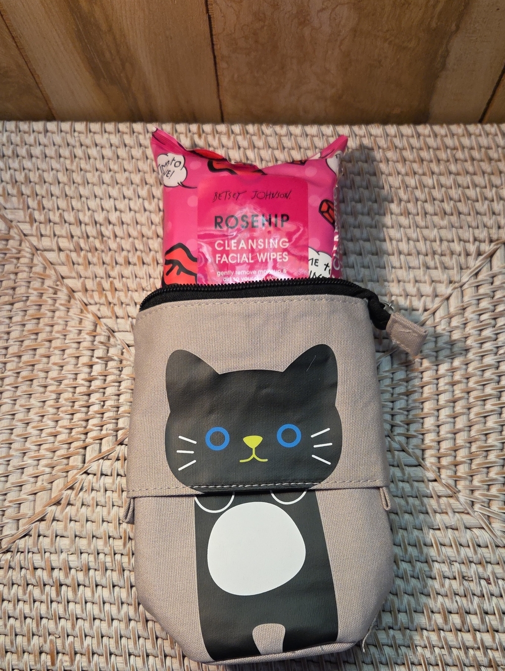 Cat Print  Pouch Holder in Gray with Black Cat Design With Betsey Johnson Wipes